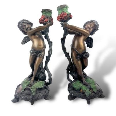#181 • Cast Bronze Winged Cherub Candle Holders - Set of 2
