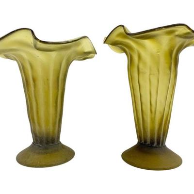 #11 • Pair Green Satin Glass Scalloped Rim Tall Hand Blown Vases
