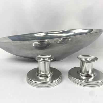 #49 • Pewter Centerpiece Bowl (Anna Everlund) and Two Aluminum Candlesticks (Kensington)
