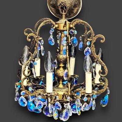 #158 • 1920s Spanish Iridescent Crystals & Brass 8-Light Entryway Chandelier
