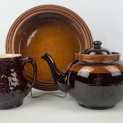 #130 • Brown Stoneware Low Casserole,Teapot, Pitcher
