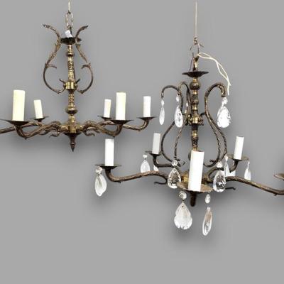 #173 • Two Vintage Spanish Brass Chandeliers - One with Prisms
