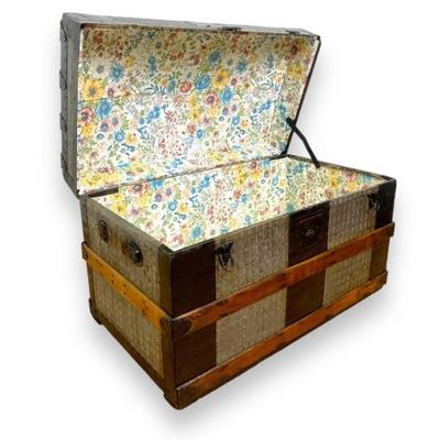 #157 • Antique Dome Top Steamer Trunk/Chest - Wood and Embossed Tin
