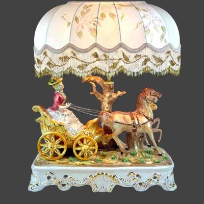 #178 • Large Italian Capodimonte Lamp - Woman/Horses/Carriage
