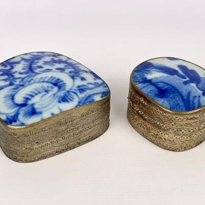 #68 • Two Antique Chinese Trinket Shard Boxes, Metal with Blue and White Porcelain Lid
