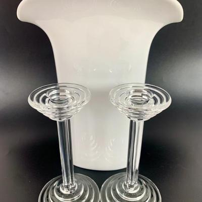 #117 • Hutschenreuther Modern White Vase and Two Riedel Crystal Candlesticks
