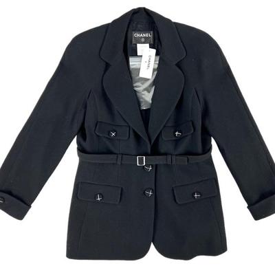 #190 • Chanel Black Wool Belted Jacket - Never Worn w/ Tags Attached - Size 46/US 10
