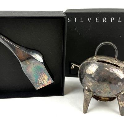 #163 • Silverplate Animals - Dansk Gunner Cyren Giraffe Paperweight & Modernist Small Piggy Bank

