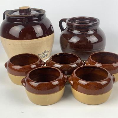 #131 • Brown Stoneware Five Small Bowls and Two Crock/Bean Pots
