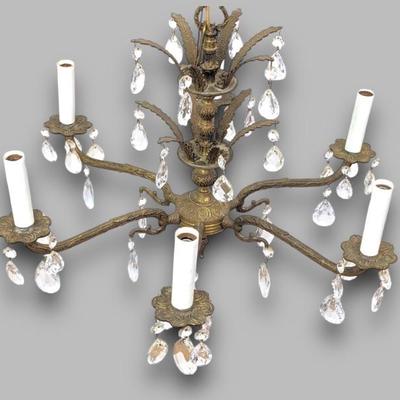 #159 • Mid-Century Petit Spanish Crystals & Brass 6-Arm Chandelier
