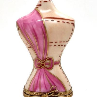 #139 • Limoges France “Dressmaker’s Form” Peint Main Porcelain Trinket Box
