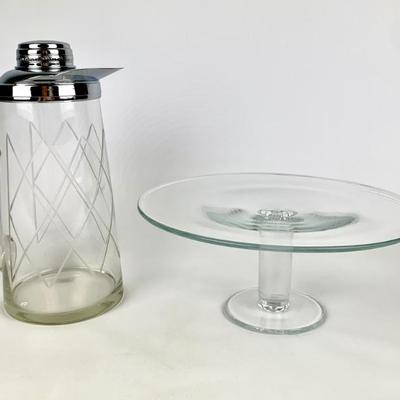 #90 • MCM Etched Pitcher and Glass Cake Pedestal
