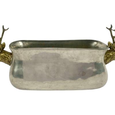 #12 • De Campos De Quevedo Pewter Centerpiece with Brass Stag Head Handles
