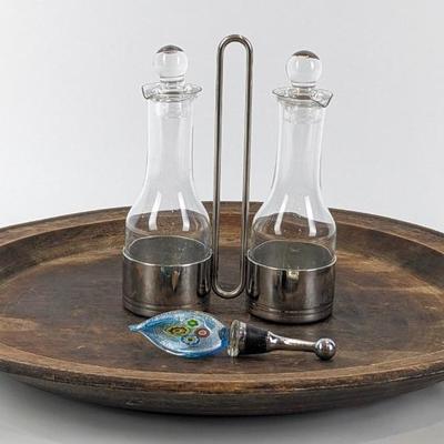 #100 • Inox Italy Cruets, Rustic Wood Tray, and Art Glass Stopper

