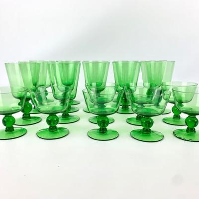 #65 • Vintage Green Glass Goblets w/ Ball Stem Set
