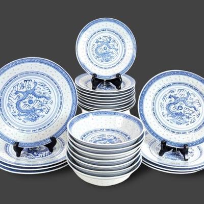 #79 • 25-Pc Set Blue Dragon & Rice Eye Porcelain Dishes
