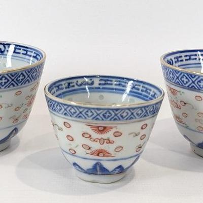 #72 • Three Vintage Tri-Color Rice Grain Tea Cups
