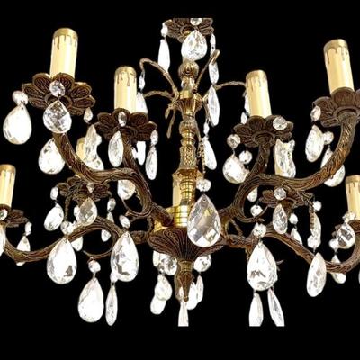 #161 • Mid-Century Spanish Brass & Crystals 10-Light Chandelier
