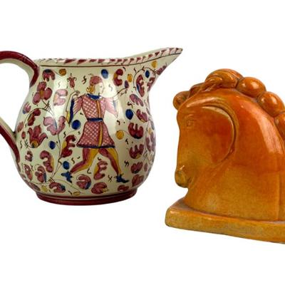 #91 • Signed Studio Pottery Trojan Horse "Kingsley" & Italian Painted Pitcher
