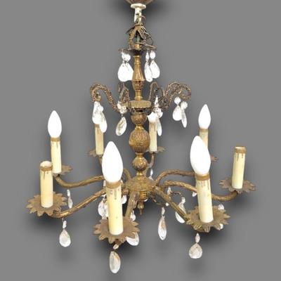 #160 • 1930s Spanish 8-Arm Brass & Crystals Chandelier
