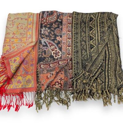 #112 • Three Fringed Shawl Scarves - Cashmere/Wool Made in India
