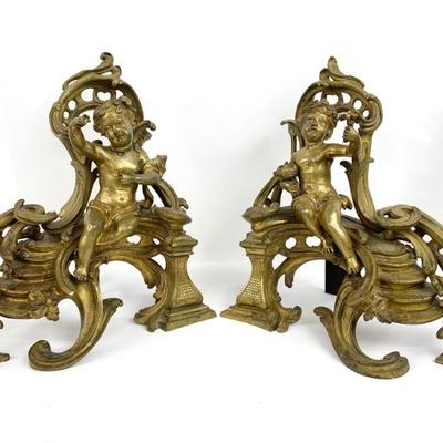 #51 • Pair of French Brass/Bronze/Iron Flanking Figural Andirons

