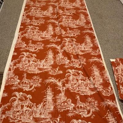 Lg. amount of Schumacher “ World Wide Toile” screen print fabric. Shown is 1 of 2 panels, 52” x 17 ft.