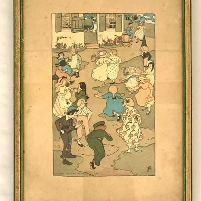 Antique print "Recess" by Pamela Coleman Smith, rare early colored edition