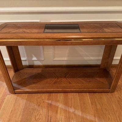 Vintage Wood Console Entry Table w/ Smoke Glass Top & Gold Trim	