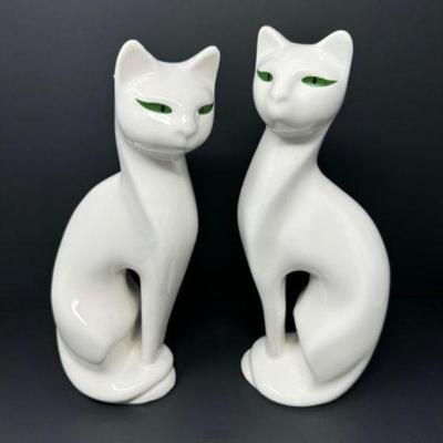 White Ceramic Siamese Cat Figurines w/ Green Eyes - Made in Brazil	