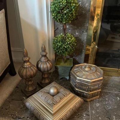 Ornate Gold-Tone Home Décor: Velvet-Lined Trinket Boxes, Faux Plant +	