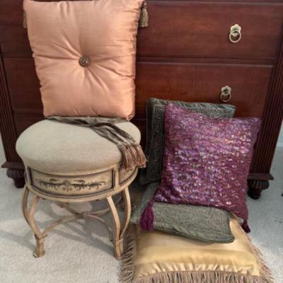 French-Inspired Metal Stool w/ Decorative Down-Filled Beaded Pillows	