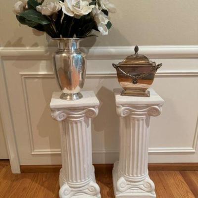 Restoration Hardware Metal Vase, Pedestal Stands, & Tea Caddy	