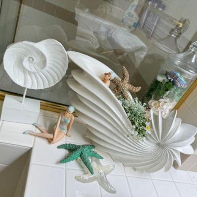 Z Gallerie White Shell Vase, Glass Seashells, & Glass Lidded Canister	