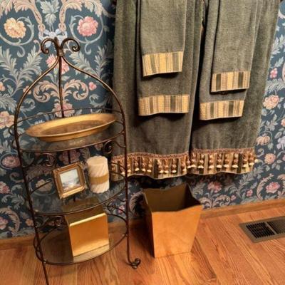 Vintage-Inspired Bathroom Set: Gold-Tone Shelf, Towels, & Trash Can +	