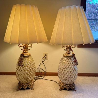 Pair of Vintage Gold-Tone Pineapple Table Lamps w/ Crystal Accents	