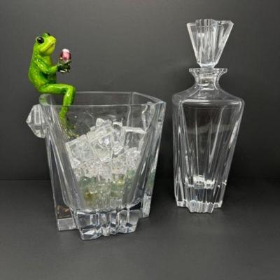 Lenox Crystal Decanter, Ice Bucket+Faux Ice & Removable Frog Figurine	
