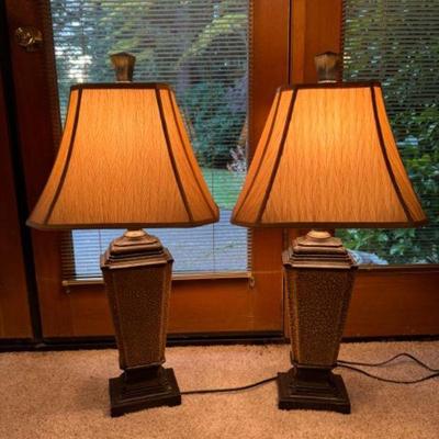 Pair of Antique-Style Brown Table Lamps w/ Beige Shades	