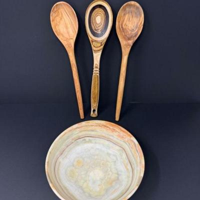 8" Stone Bowl & 3 Pieces New 'Dash of That' Wooden Spoons	