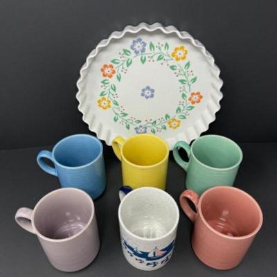 Vintage Japanese Pastel Mug Set w/ Floral Designs & Pie Plate	