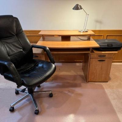 Multi Level Computer Desk w/ Steel Desk Lamp, Printer & Chair	