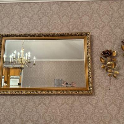 Vintage Gold-Framed Mirror w/ 2 Gold Metal Roses	