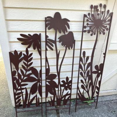 3-Panel Garden Mural Stakes - Floral Silhouette Trio - Dark Bronze	