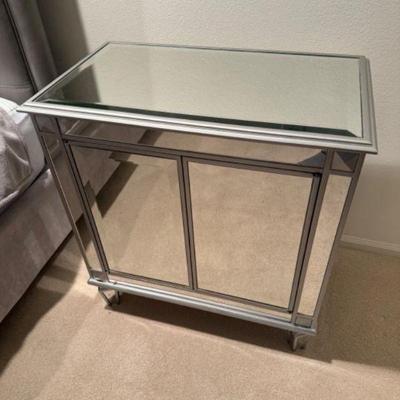 Large Silver Mirrored Side Table w/ Push Doors & Interior Shelving	