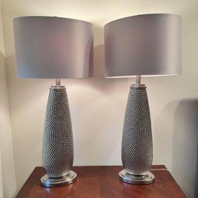 ﻿Pair of Extra Tall Textured Silver Toned Metal Lamps w/ Grey Shades	