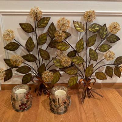 Floral Metal Hanging Wall Art w/ Gilded Metal Glass Candle Holders	