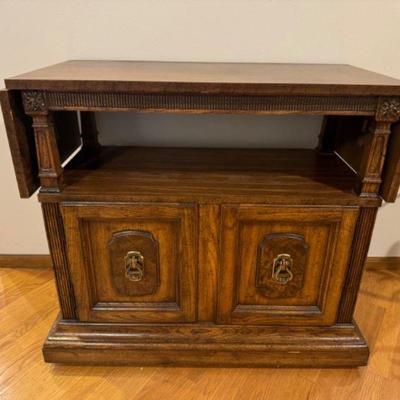 Mid-Century Wood Bar Cabinet w/ Drop-Leaf & Veneer Top	