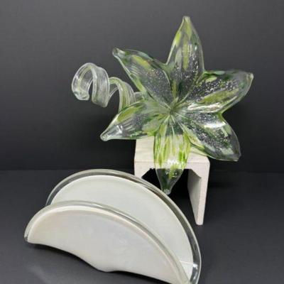 Murano Style Blown Glass Green Flower & Blown Glass Napkin Holder Set	