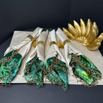 Elegant Emerald Table Setting w/ Gold-Accented Napkins, Rings, & More	