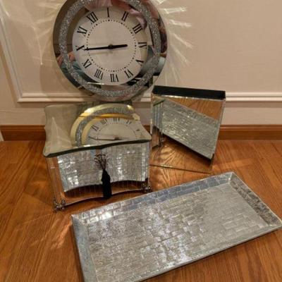 Crushed Mirror Wall Clock, Bombay Jewelry Box, Z Gallerie Tray & Vase	